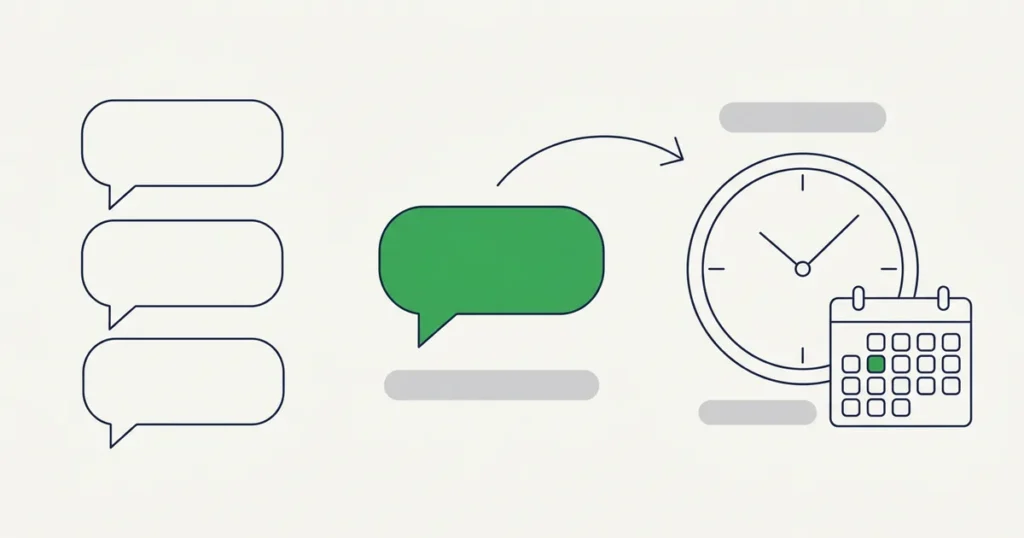 Ilustração do agendamento de mensagem no WhatsApp: fila de balões de conversa saindo de um painel no horário marcado, ao lado de um relógio e de um calendário