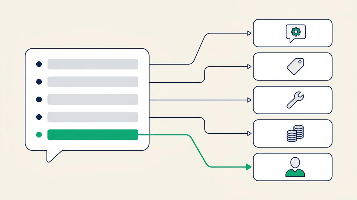 árvore de um menu de atendimento no WhatsApp com cinco opções numeradas e o destino de cada uma