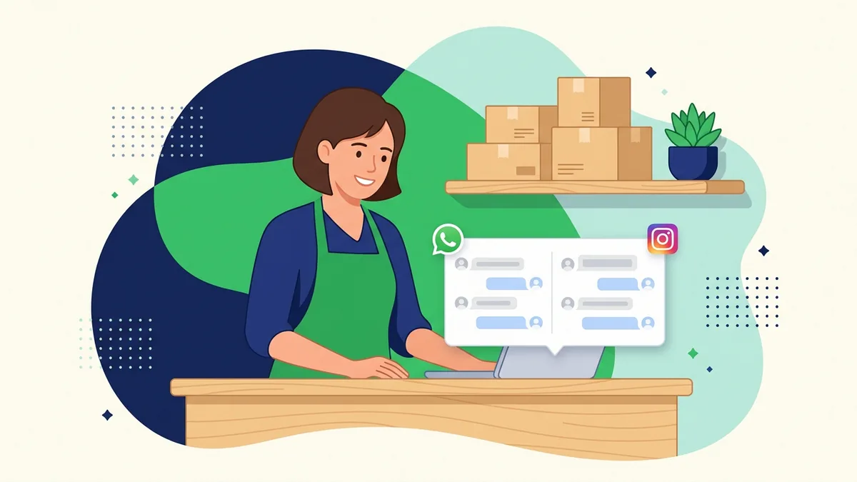atendente de pequena empresa respondendo WhatsApp e Instagram em uma única tela