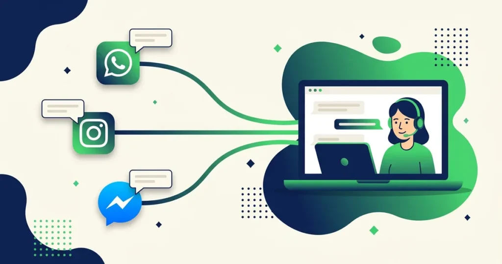 Ilustração de atendimento omnichannel: ícones de WhatsApp, Instagram e Messenger convergindo para uma central única com atendente de headset