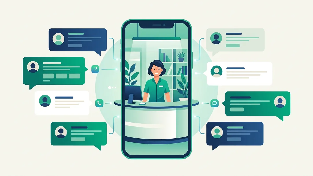 Ilustração de atendimento via WhatsApp organizado em painel único com várias conversas