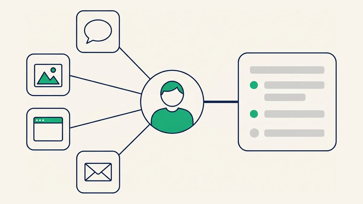 Diagrama de atendimento ao cliente online com quatro canais digitais conectados a um painel único