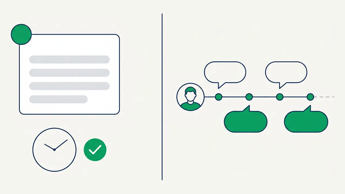 comparação visual entre chamado com SLA no help desk e conversa contínua no atendimento conversacional