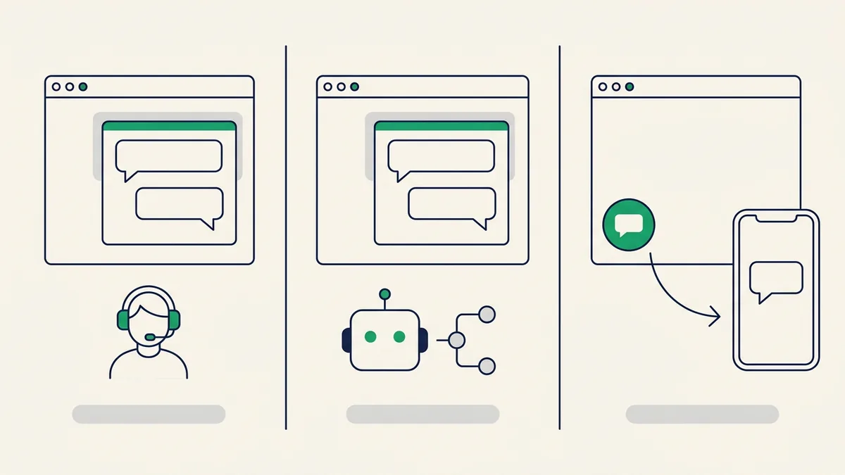 Diferença entre chat ao vivo, chatbot e botão de WhatsApp em um site