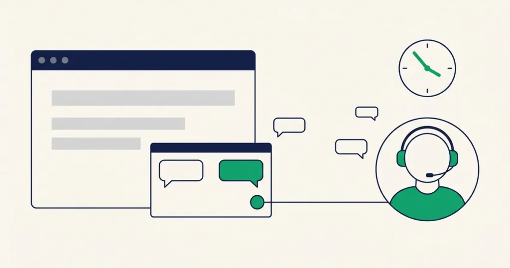 Ilustração de janela de chat em tempo real aberta em um site, ligada a um atendente com headset e a um relógio