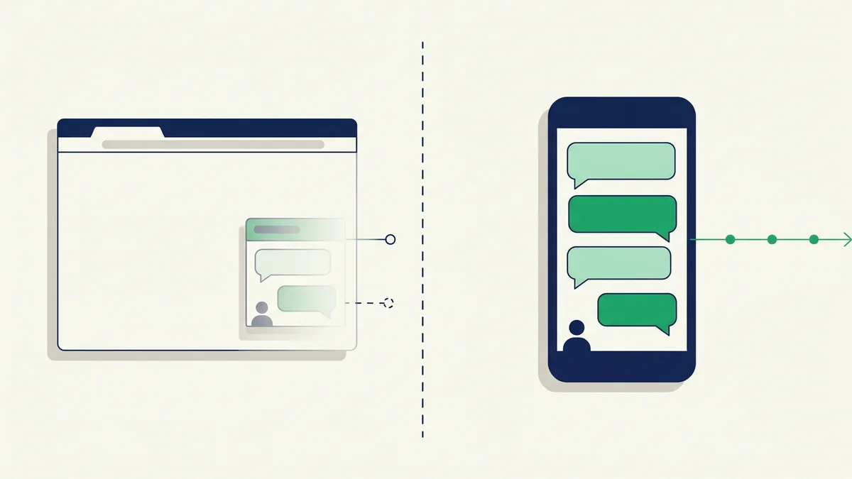 Comparação entre chat no site e WhatsApp para loja virtual, mostrando a continuidade da conversa