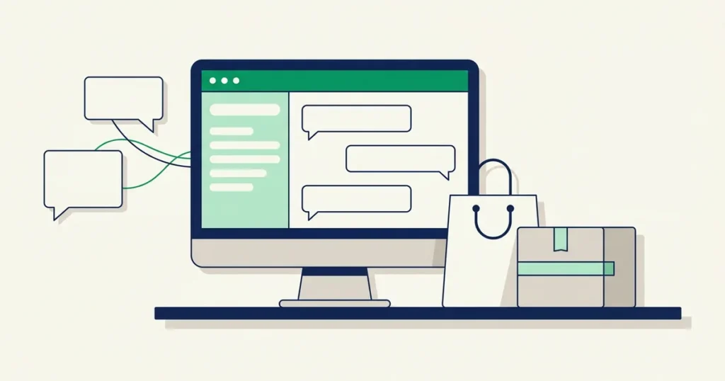 Ilustração de chat para e-commerce: painel de conversas de uma loja virtual ao lado da sacola de compra e do pedido embalado
