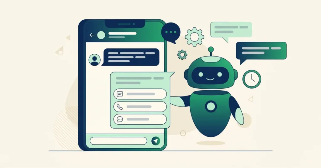 Ilustração de chatbot para WhatsApp: robô assistente respondendo cliente com menu automático em smartphone