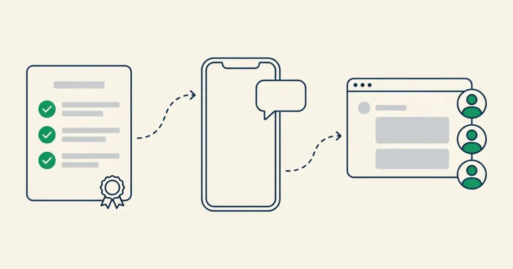 Ilustração do preparo para contratar a API oficial do WhatsApp: documentos da empresa conferidos, número dedicado e equipe atendendo no mesmo canal