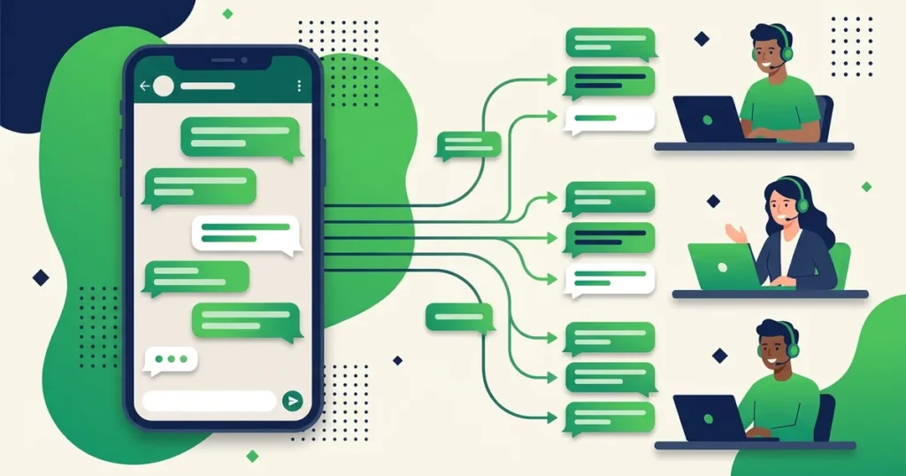 Ilustração de conversas do WhatsApp distribuídas de um único número para três atendentes em equipe
