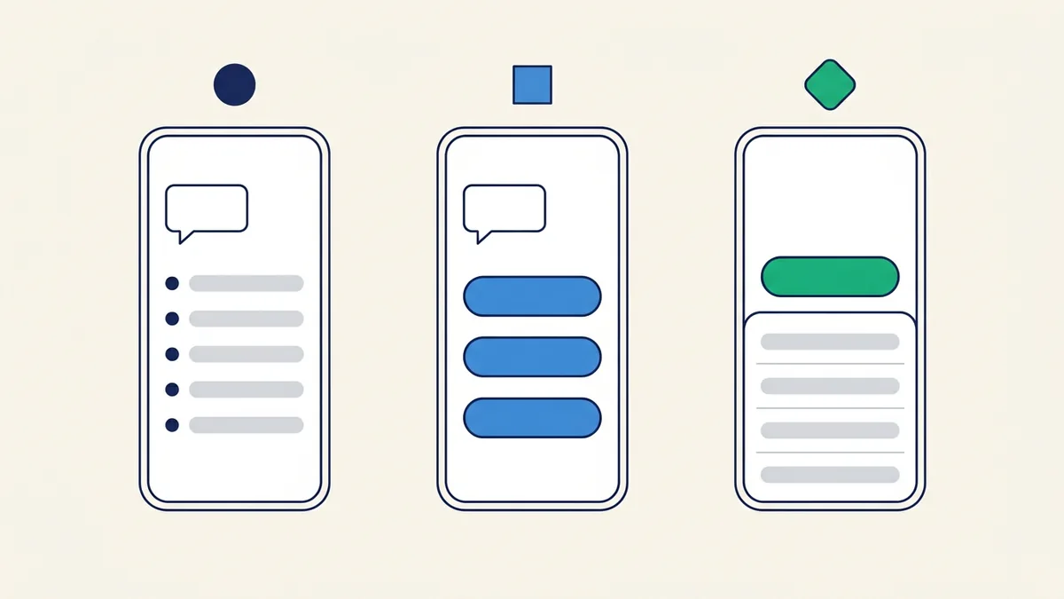 comparação entre menu numerado, botões de resposta rápida e lista interativa no WhatsApp com os limites de cada formato