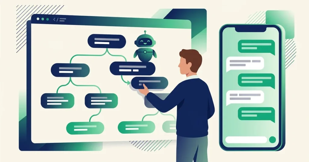 Pessoa montando fluxo de chatbot em builder visual no-code, com robô e celular exibindo conversa ao lado