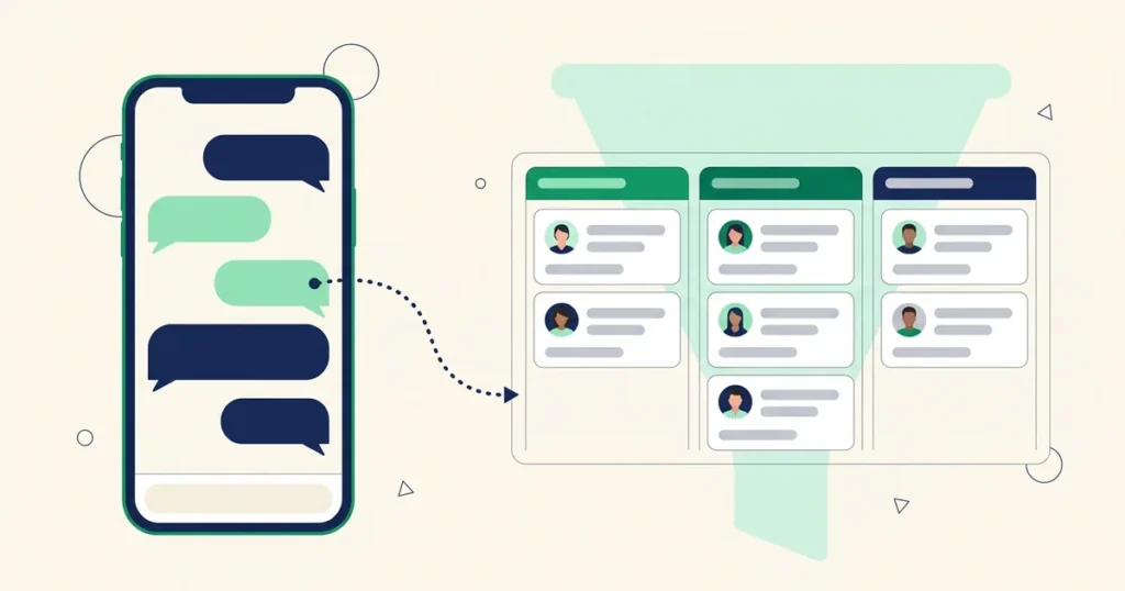 Ilustração de CRM para WhatsApp: conversas de mensagens no celular fluindo para um funil de vendas kanban com cards de contatos