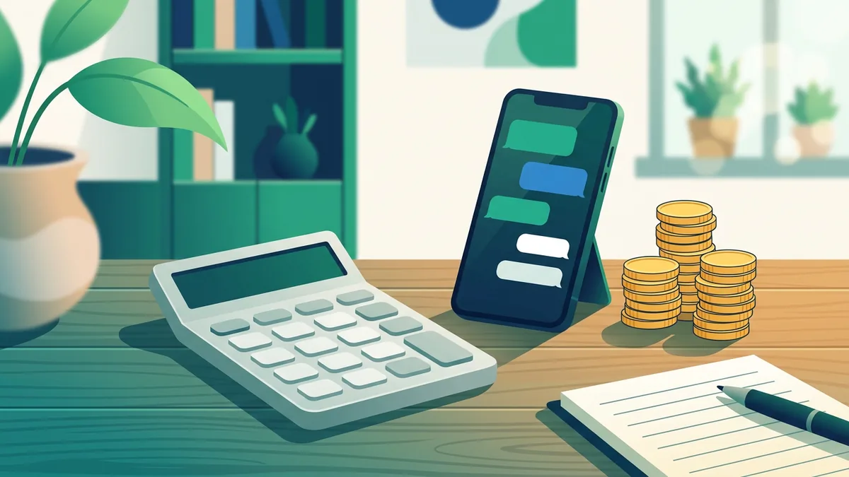 Custos do atendimento via WhatsApp representados por calculadora, smartphone e moedas