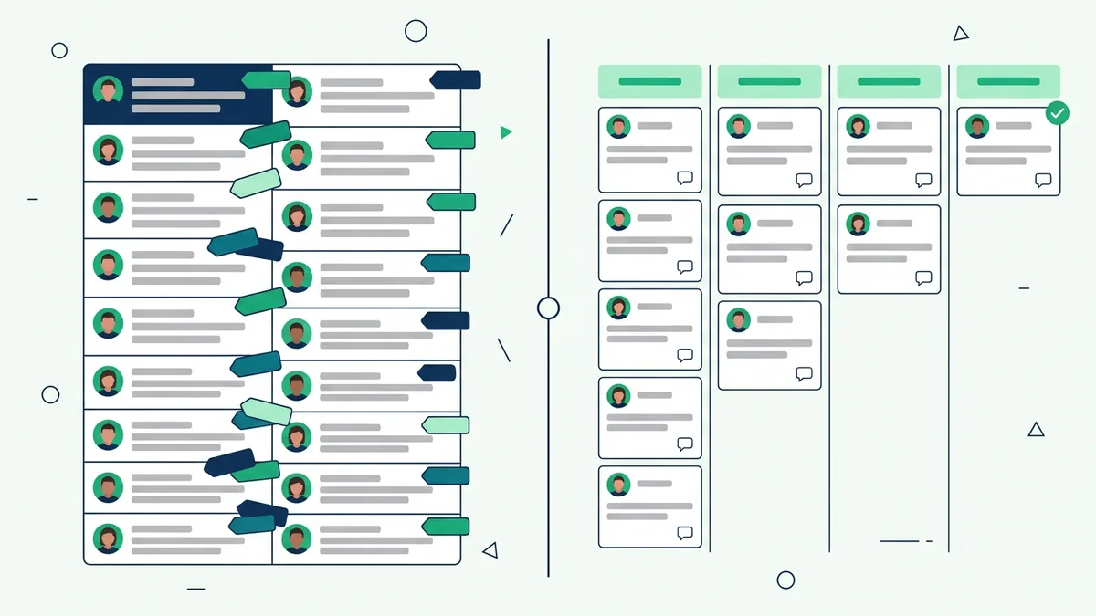 etiquetas do WhatsApp Business comparadas a um funil de vendas em Kanban