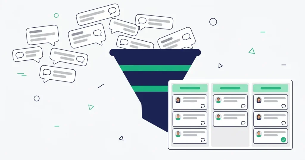 Funil de vendas no WhatsApp: conversas soltas entrando num funil e saindo organizadas em quadro Kanban de negociações