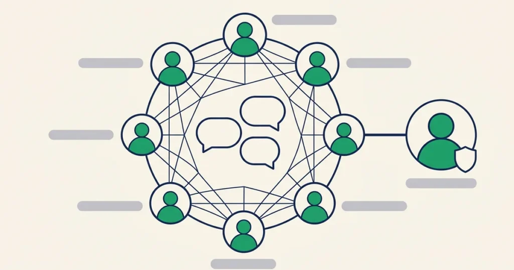 Ilustração de grupo de WhatsApp de empresa: participantes ligados entre si em rede, com um administrador à parte moderando a conversa
