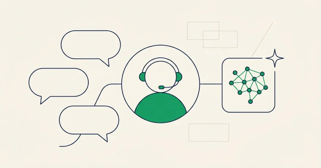 Ilustração de IA no atendimento ao cliente: balões de conversa chegando a um atendente com headset ao lado de um painel com grafo de inteligência artificial