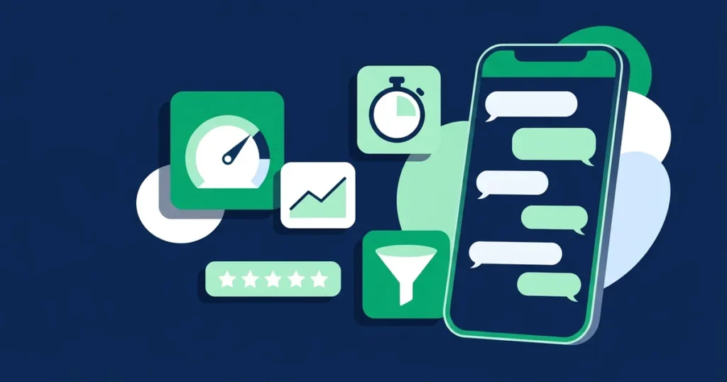 Ilustração de painel de indicadores de atendimento ao cliente: velocímetro, cronômetro, gráfico de linha e avaliação por estrelas ao lado de um celular com balões de conversa genéricos