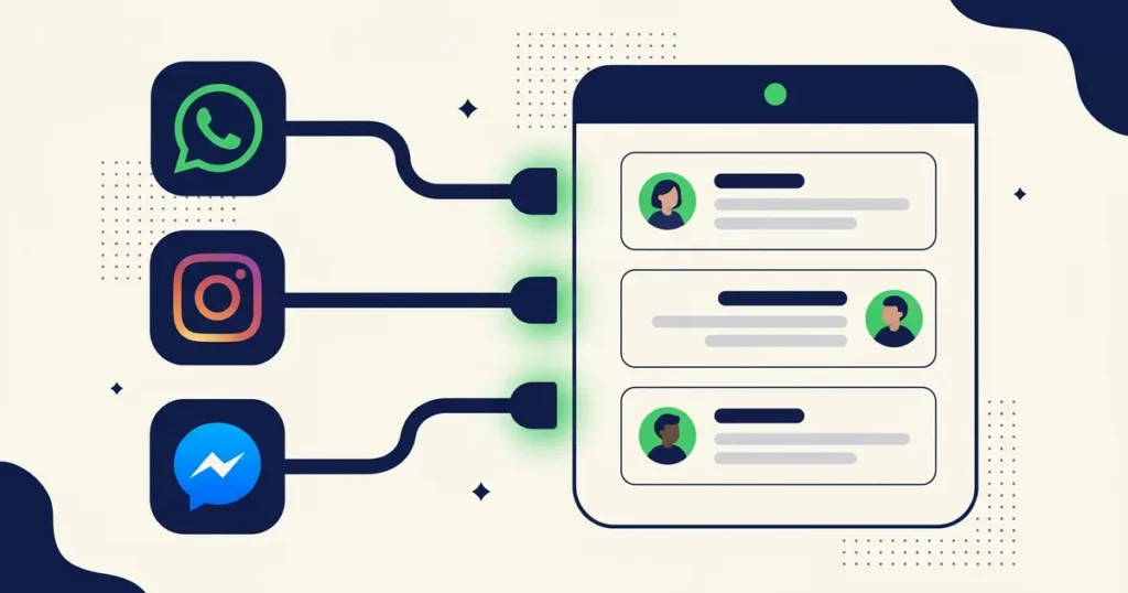 Ilustração de integração de WhatsApp, Instagram e Facebook conectados por cabos a um painel único de atendimento