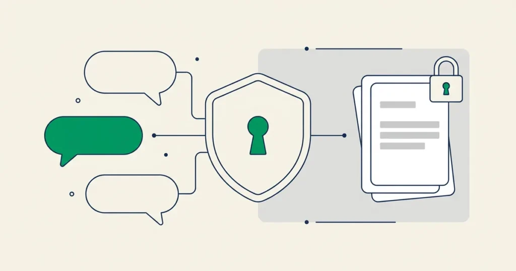 Ilustração de proteção de dados no atendimento: balões de conversa atravessando um escudo com cadeado e documentos guardados sob chave