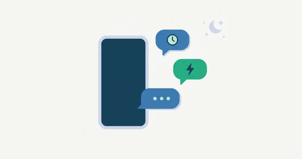 Ilustração de celular enviando mensagens automáticas com balões de resposta instantânea representando o WhatsApp Business