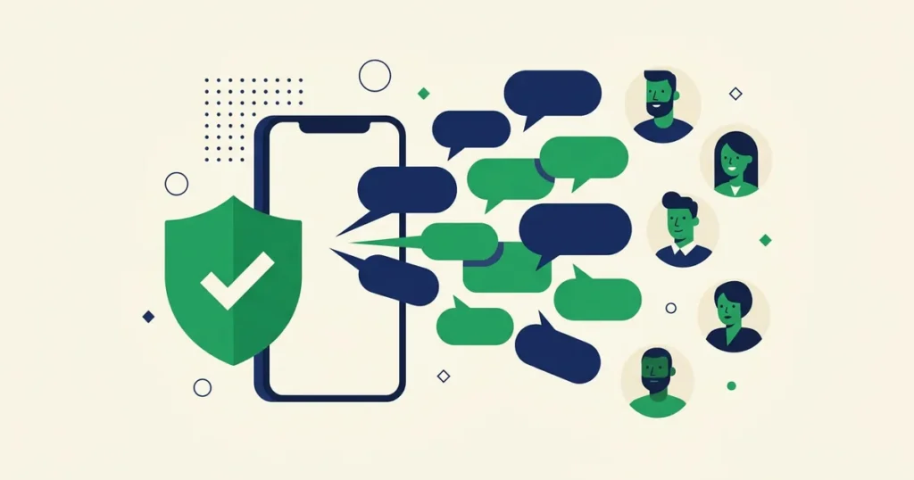 Ilustração de celular enviando mensagens em massa no WhatsApp com escudo verde de aprovação e balões de conversa genéricos chegando a vários contatos