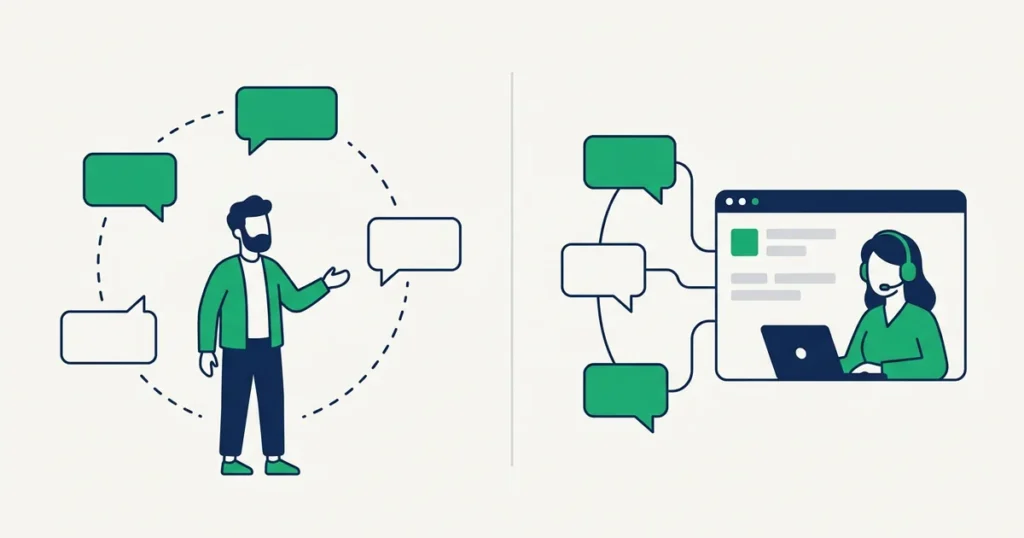 Ilustração comparando multicanal e omnichannel: pessoa cercada de balões de conversa desconectados de um lado e canais convergindo para o painel único de uma atendente do outro