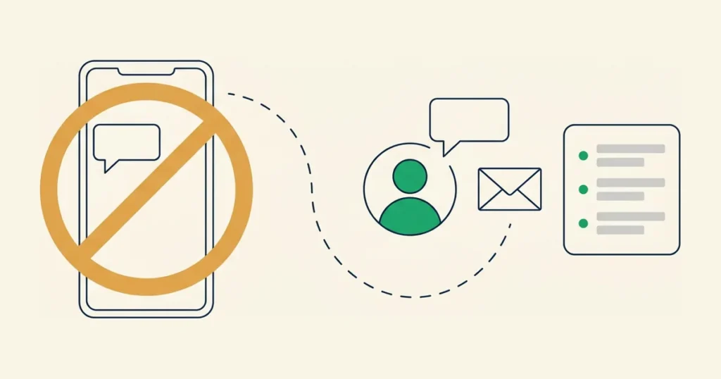 Ilustração de número comercial bloqueado no celular, com o atendimento redirecionado para o cliente por outros canais e para o painel da empresa
