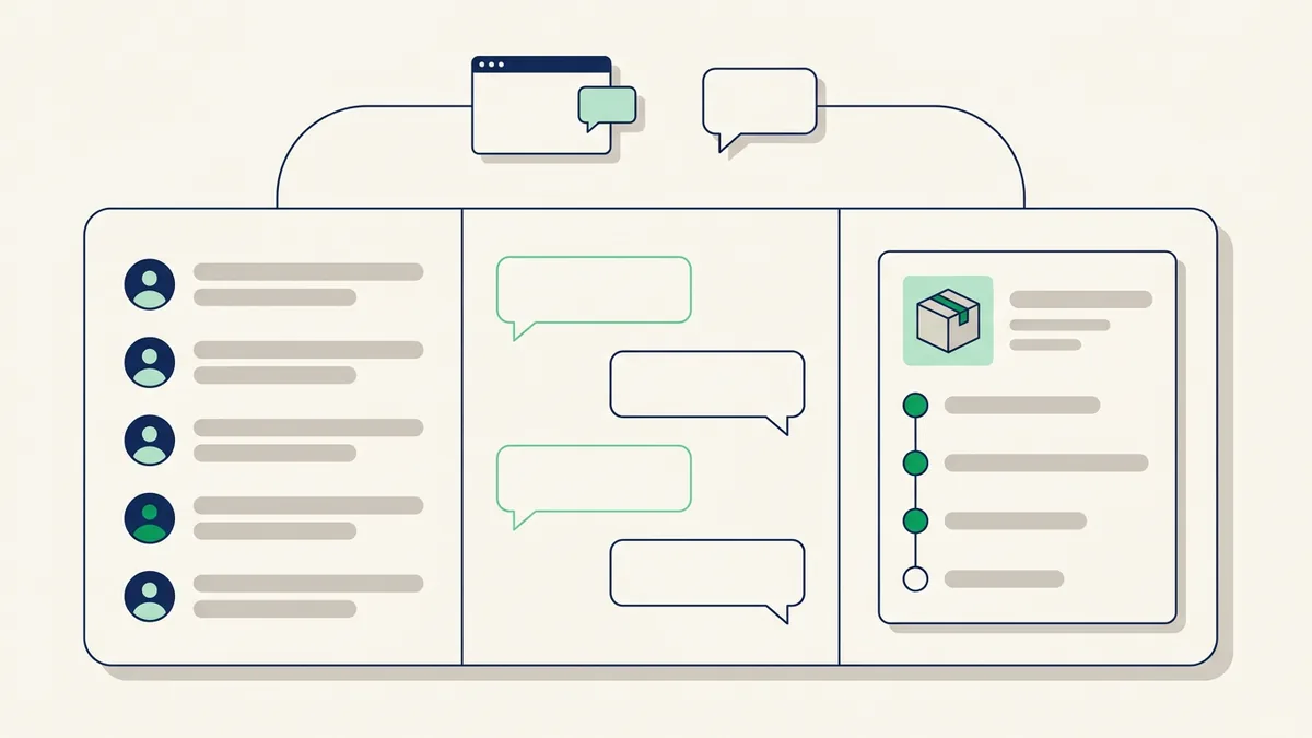 Chat para e-commerce reunindo conversas do site e do WhatsApp em um painel único, com o pedido do cliente ao lado