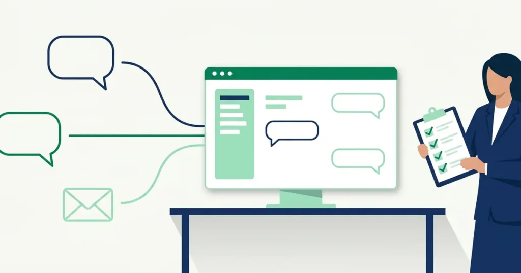 Ilustração de plataforma de atendimento omnichannel: balões de conversa e e-mail convergindo para um painel único enquanto uma profissional avalia critérios em um checklist