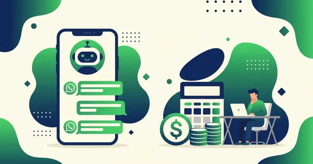 Ilustração de custo de chatbot para WhatsApp: smartphone com bot e conversas ao lado de calculadora, moedas e cifrão