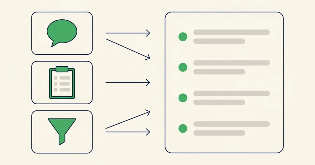 Ilustração das três categorias de software de atendimento ao cliente convergindo para um painel único com fila de conversas
