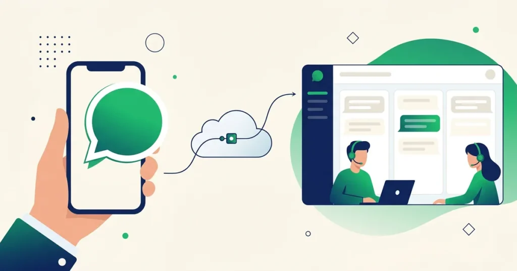 Ilustração de smartphone com balão de conversa do WhatsApp conectado por uma nuvem de API ao painel de atendimento com dois atendentes
