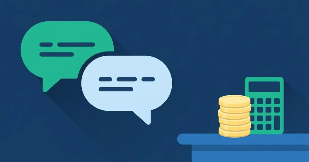 Ilustração flat de balões de conversa genéricos ao lado de moedas e calculadora, representando o preço da WhatsApp Business API