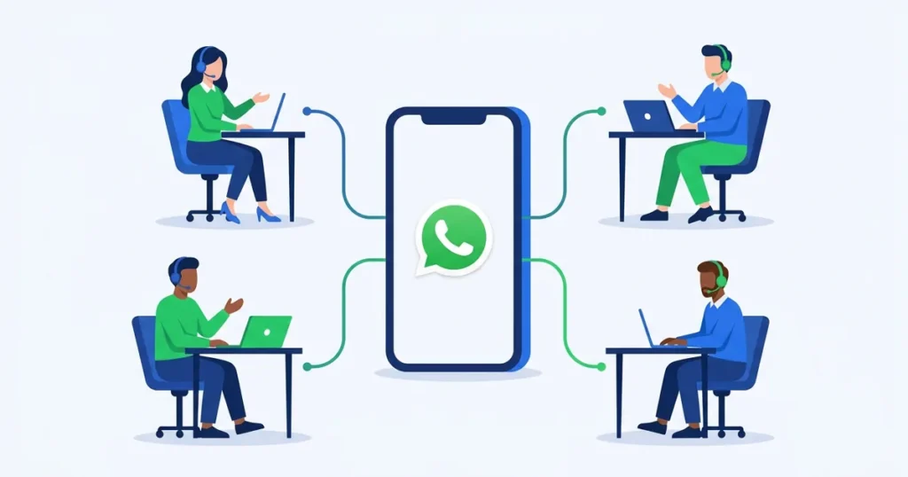 Ilustração de WhatsApp com vários atendentes: um número em smartphone central conectado a quatro atendentes com headset em estações individuais