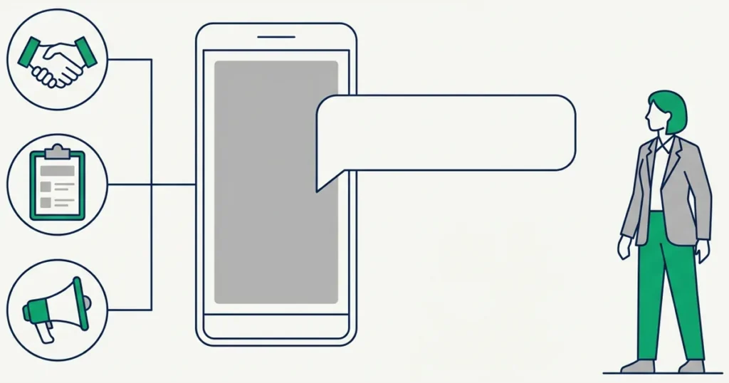 Ilustração da primeira mensagem de abordagem a um cliente: celular com um balão de conversa saindo em direção a uma pessoa, com origens de contato ao redor