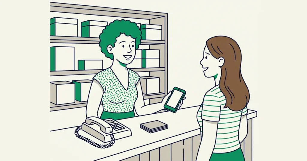 atendente atendendo bem uma cliente no balcão e pelo celular ao mesmo tempo