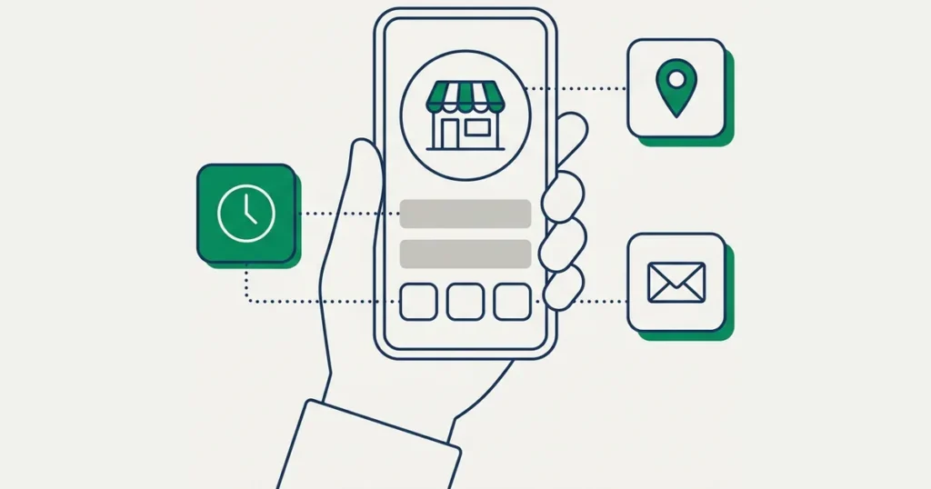 Ilustração de uma mão segurando um celular enquanto os blocos do perfil comercial — foto da loja, horário, endereço e contato — se encaixam na tela