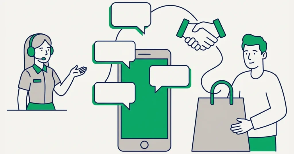 Ilustração de uma venda conduzida por mensagens: celular com balões de conversa ligados por uma trilha até um aperto de mãos e uma sacola de compras