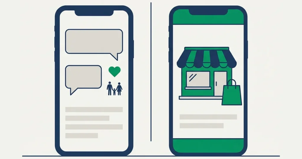 Ilustração de dois celulares lado a lado: um com conversas pessoais e outro com perfil de loja, comparando o WhatsApp normal e o WhatsApp Business