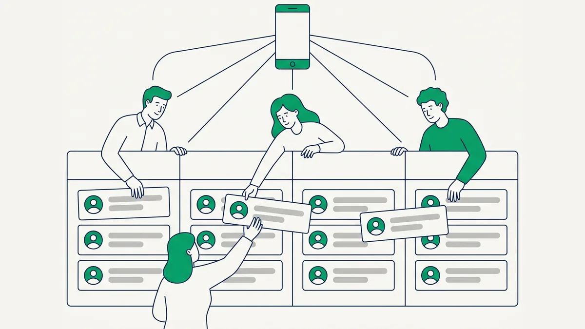equipe de vendas organizando as negociações do WhatsApp em um quadro por etapas