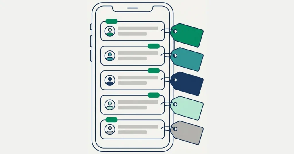 Ilustração de um celular com lista de conversas e etiquetas coloridas presas a cada conversa, organizando o atendimento no WhatsApp Business