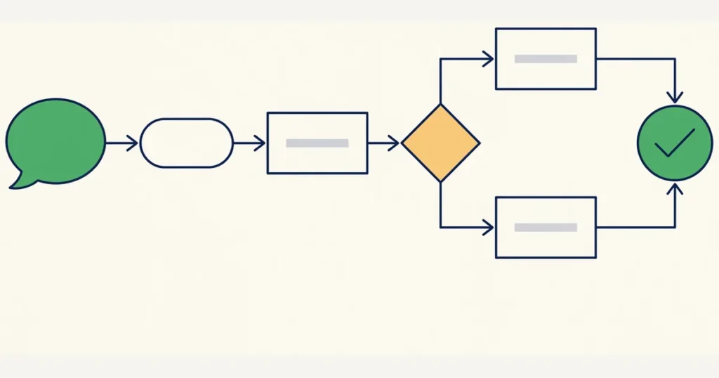 Ilustração de um fluxo de atendimento ao cliente em fluxograma: da mensagem que entra ao ponto de decisão e ao encerramento