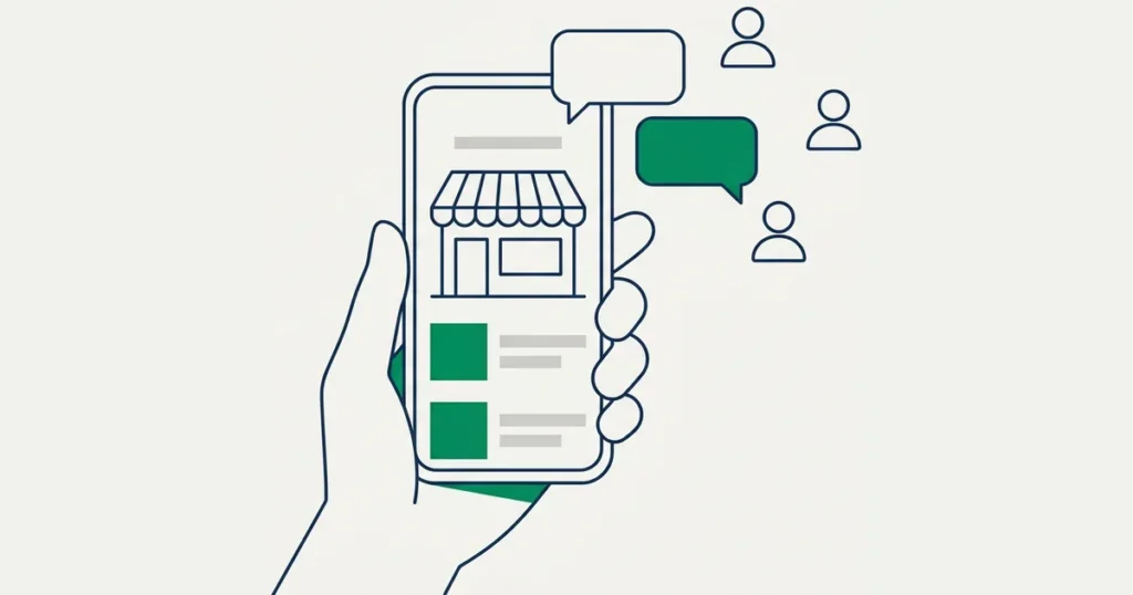 Ilustração de uma mão segurando um celular com perfil de loja na tela e conversas saindo em direção a três clientes