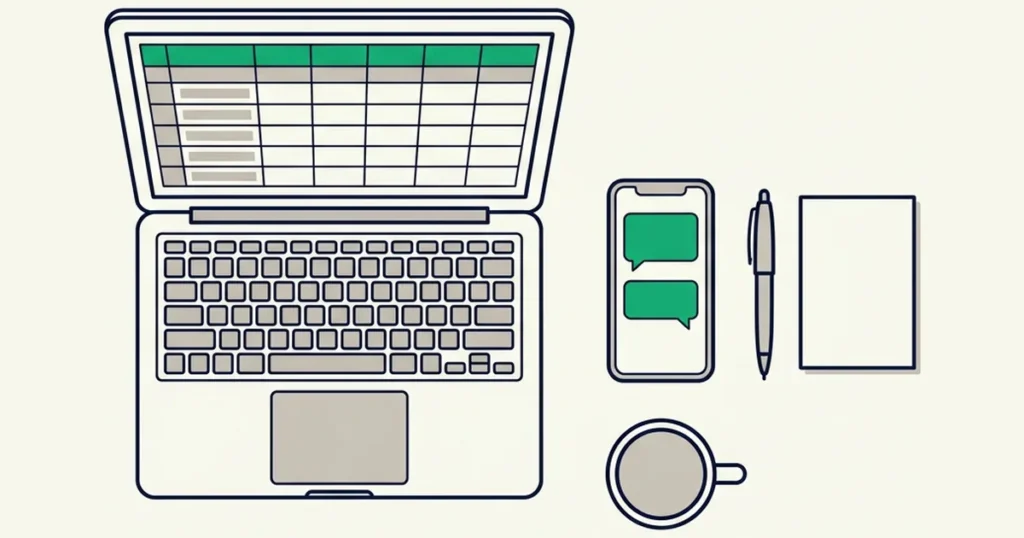 planilha de atendimento aberta no notebook ao lado das conversas do WhatsApp