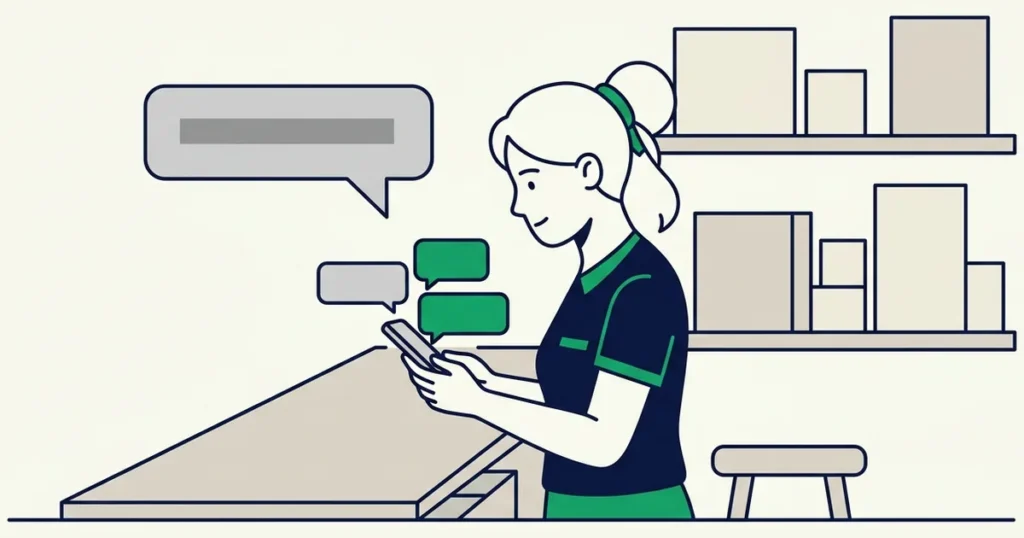 atendente respondendo a um cliente insatisfeito pelo celular no balcão da loja