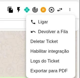 Menu com as opções Ligar, Devolver a Fila, Deletar Ticket, Habilitar integração, Logs do Ticket e Exportar para PDF