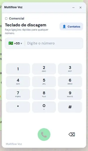 Discador de voz com teclado numérico e botão de contatos