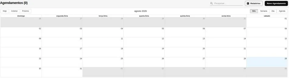 Calendário de agendamentos com visões de mês, semana, dia e agenda